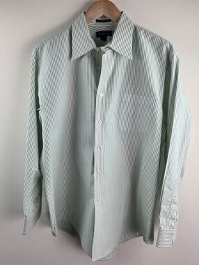 Lands End Oxford Shirt Mens 16 33 Green Long Sleeve Button Down Striped Cotton